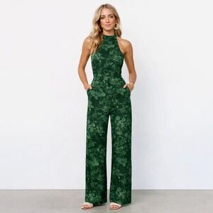 Baltic Born Freya Halter Jumpsuit Green Floral Wide Leg Open Back Earthy Size S